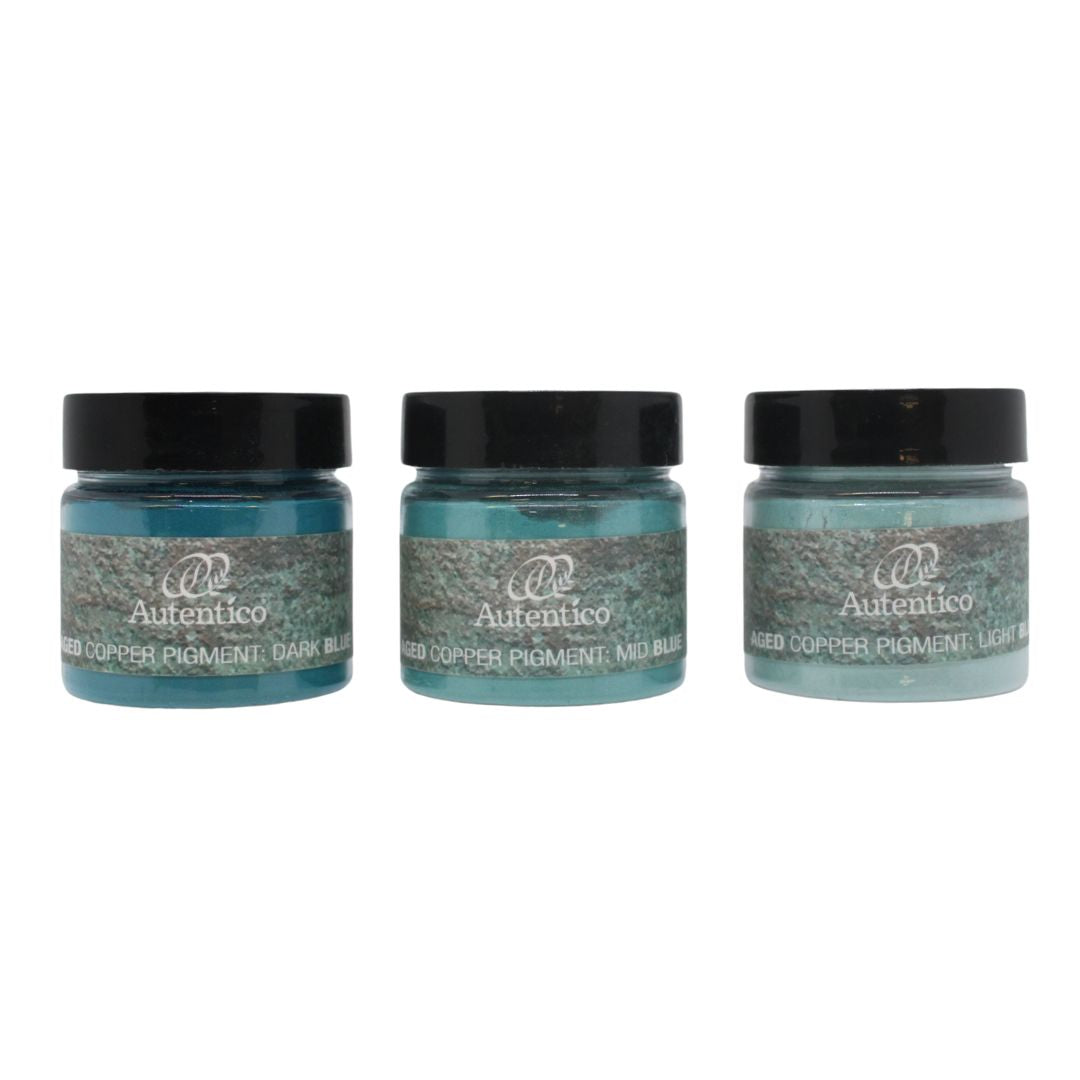 Three small jars of Autenico Copper Pigment in Dark Blue, Mid Blue, and Light Blue, arranged side-by-side on a plain white background.