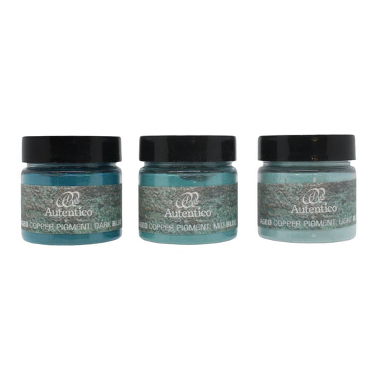 Three small jars of Autenico Copper Pigment in Dark Blue, Mid Blue, and Light Blue, arranged side-by-side on a plain white background.