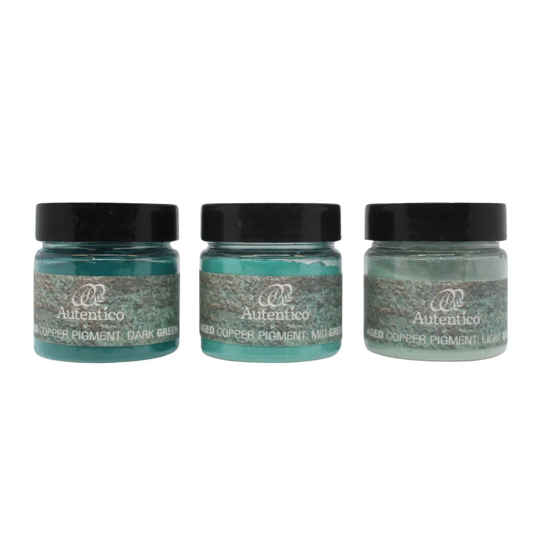 Three small jars of Autenticity Copper Pigment in Dark Green, Nail Green, and Light Green, arranged side-by-side on a white background.