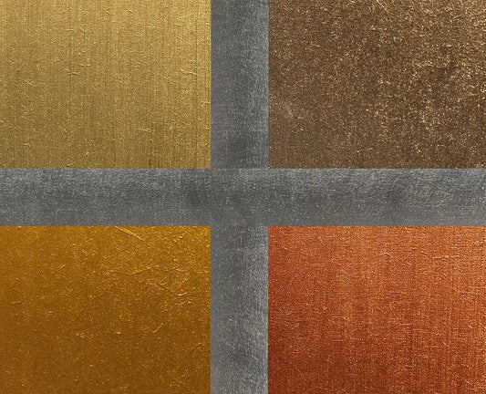 A square swatch-style texture sample divided into four quadrants by a gray cross: gold, brown, orange, and gray.