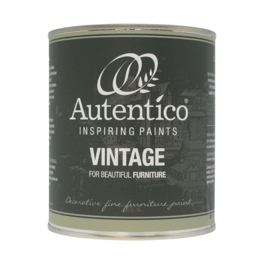A can of Autentico Inspiring Paints 'Vintage' paint, designed for furniture, with a dark olive green label and white text, shown on a plain white background.
