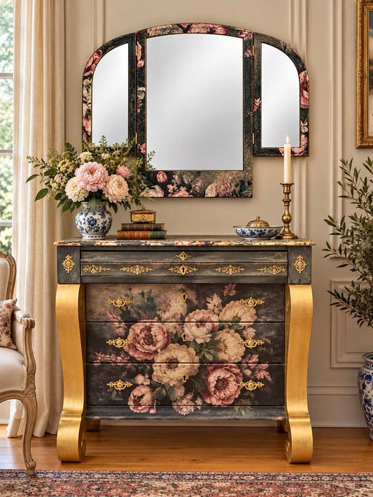Peonies in bloom dresser and Triptych mirror (circa 1880s)