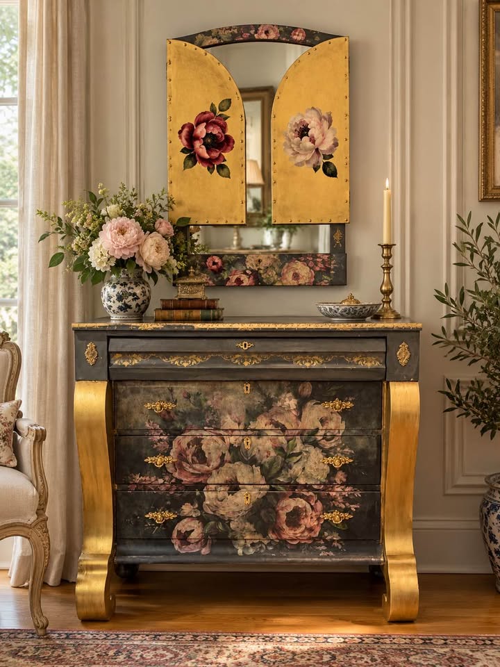 Peonies in bloom dresser and Triptych mirror (circa 1880s)